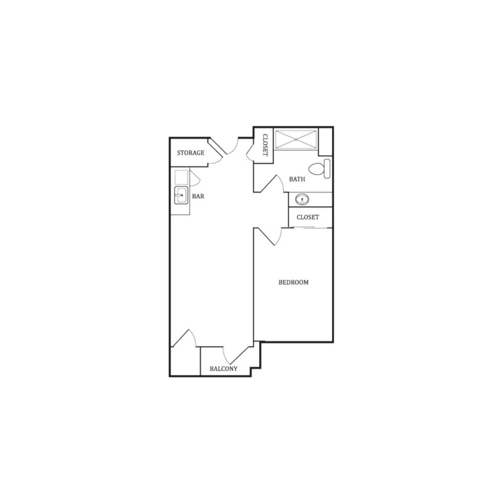 Acacia Springs 3D layout for a "One Bedroom" apartment with 539 square feet. It includes one bedroom, one bathroom, and a combined living room and kitchenette.