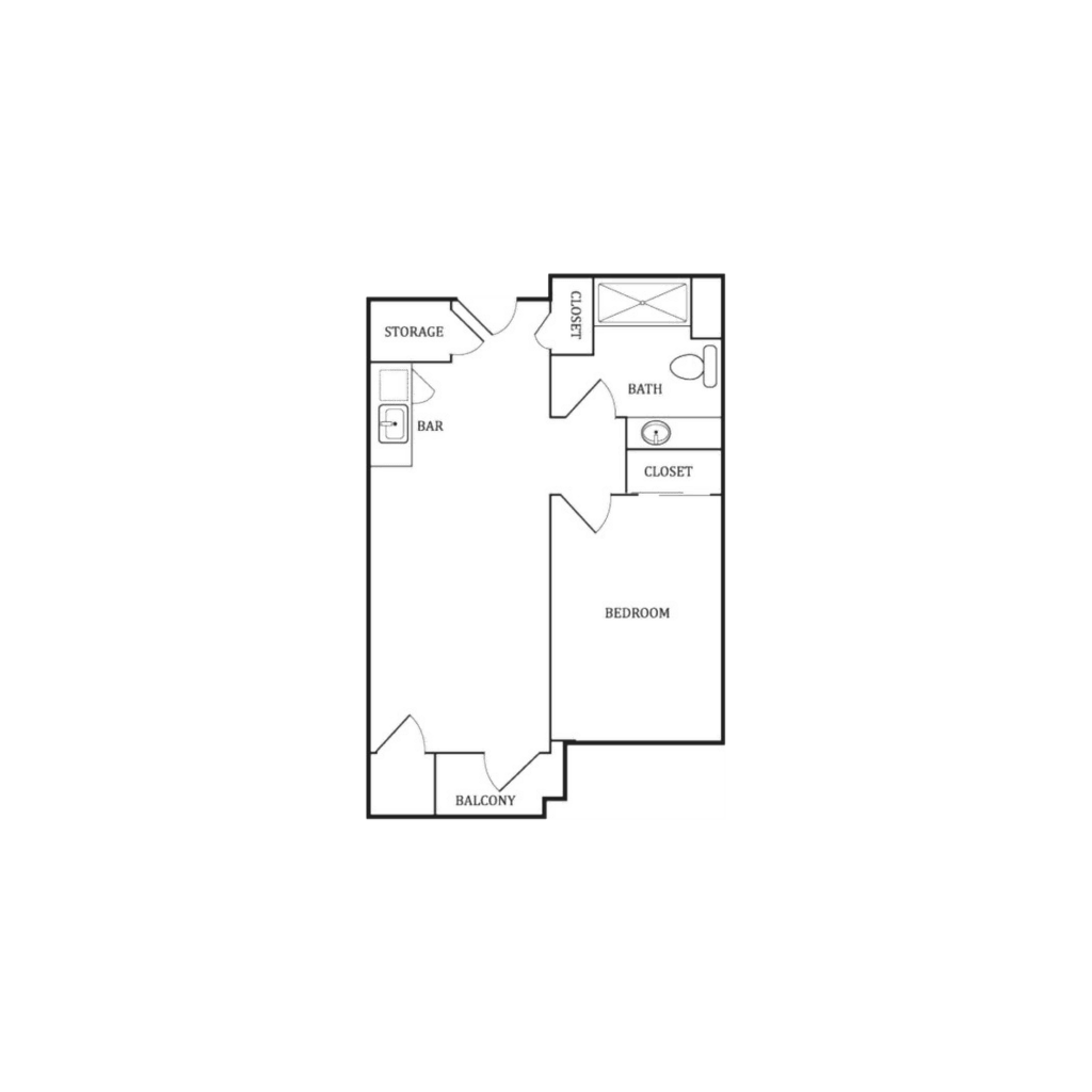 Acacia Springs 3D layout for a "One Bedroom" apartment with 539 square feet. It includes one bedroom, one bathroom, and a combined living room and kitchenette.