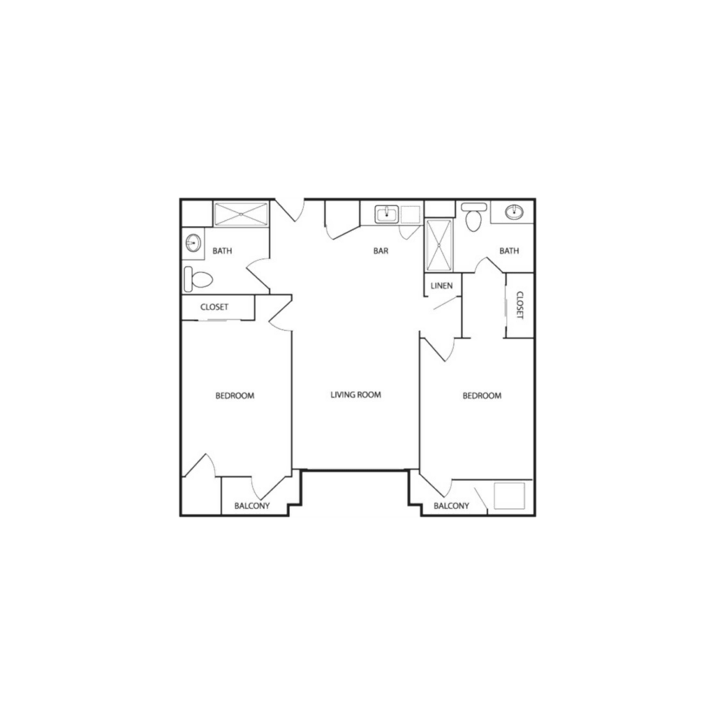 Acacia Springs 3D layout for a "Two Bedroom, Two Bath" apartment with 869 square feet. It includes two bedrooms, two bathrooms, and a combined living room and kitchenette.
