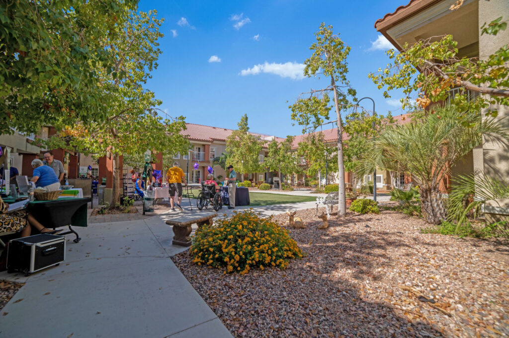 acaciaHDR-26 - Acacia Springs Outdoor courtyard and garden at Acacia Springs, a premium senior living community.