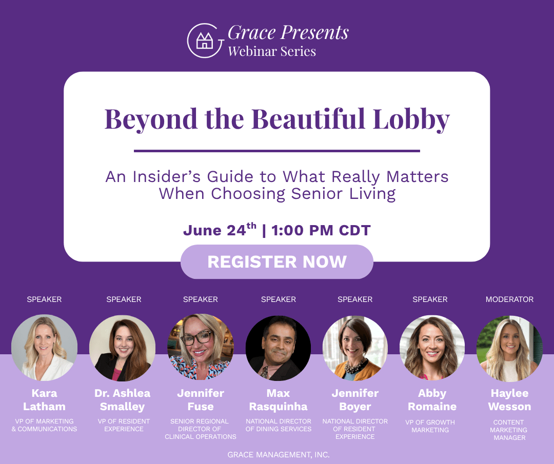 Grace Presents Webinar poster: 'Beyond the Beautiful Lobby' with date June 24, 1:00 PM CDT and 'Register Now' button.